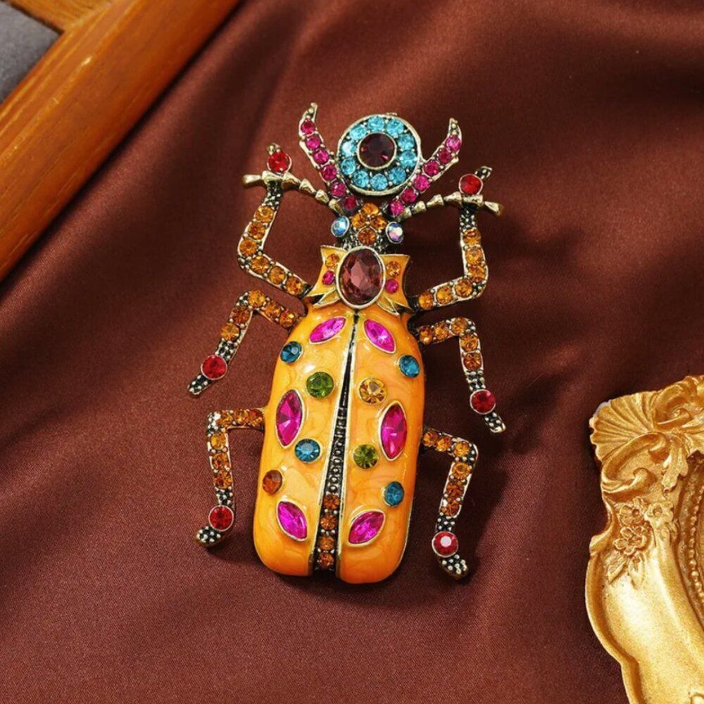 Large Rhinestone Beetle Brooch Pin Orange Enamel Crystal Insect Statement